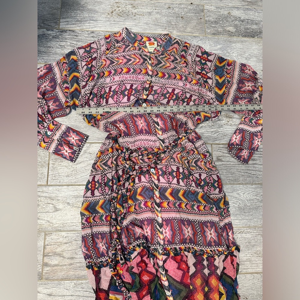 NWT Farm Rio Amulet Maxi Boho Sleeved Belted Aztec Sheer Dress Sz Large - Picture 14 of 17